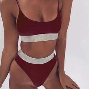 Silver Red Two Piece Bikini Swimsuit Bathing Suit